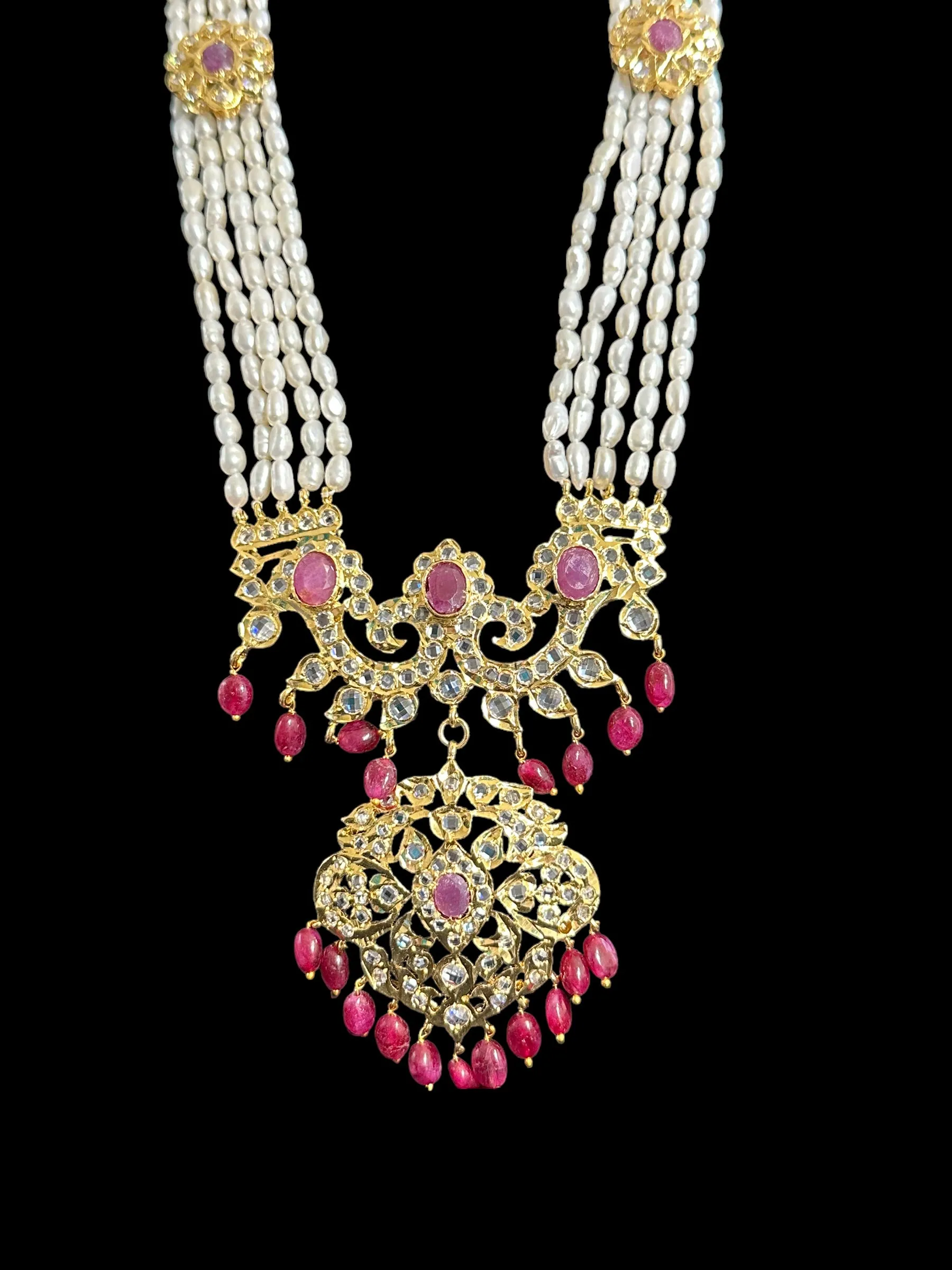 DLN34 Gold plated Rani haar in fresh water pearls and rubies ( READY TO SHIP )