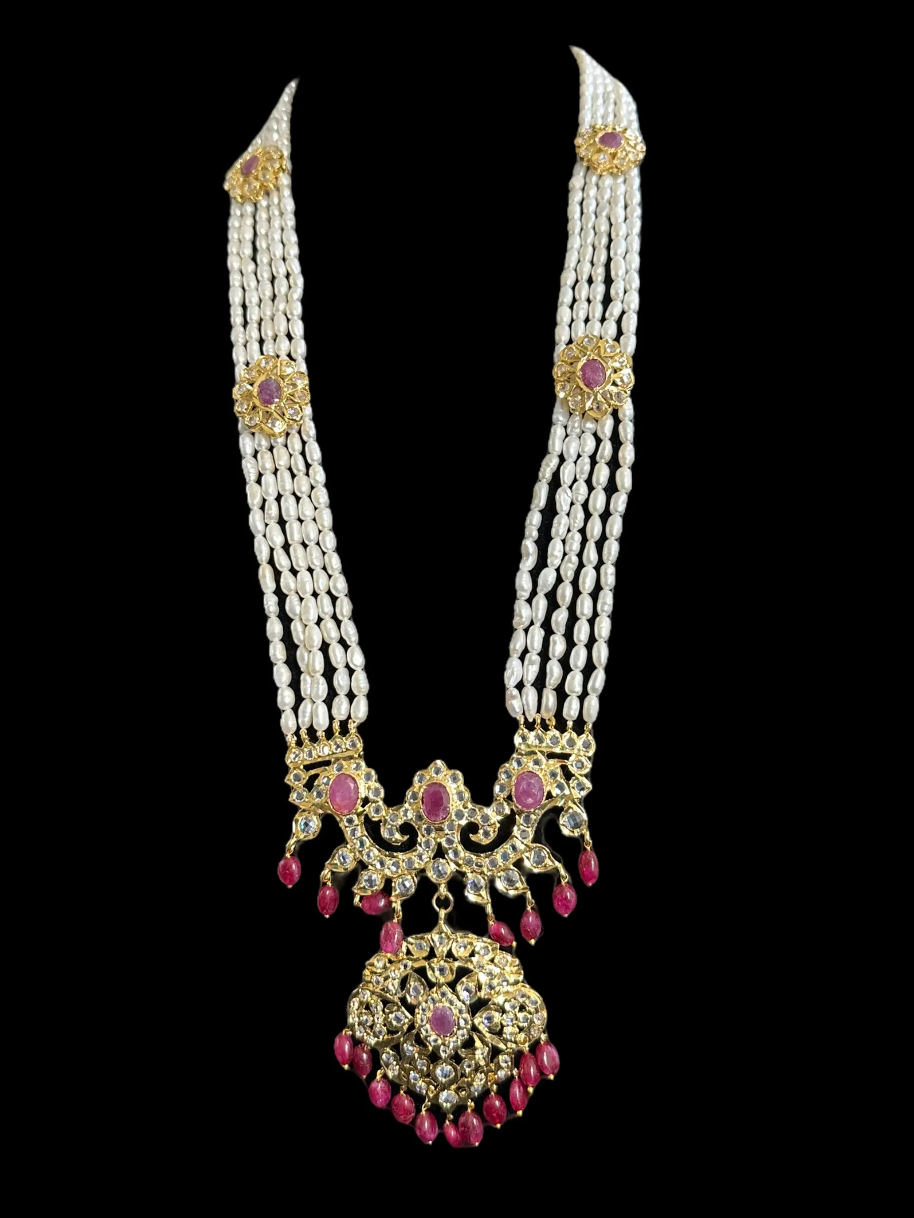 DLN34 Gold plated Rani haar in fresh water pearls and rubies ( READY TO SHIP )