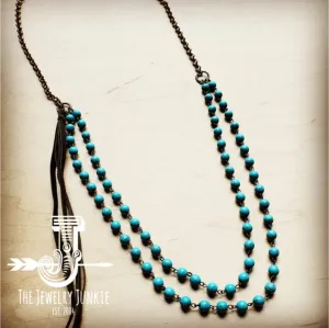 Double Strand Long Blue Turquoise Necklace w/ Leather Tassel