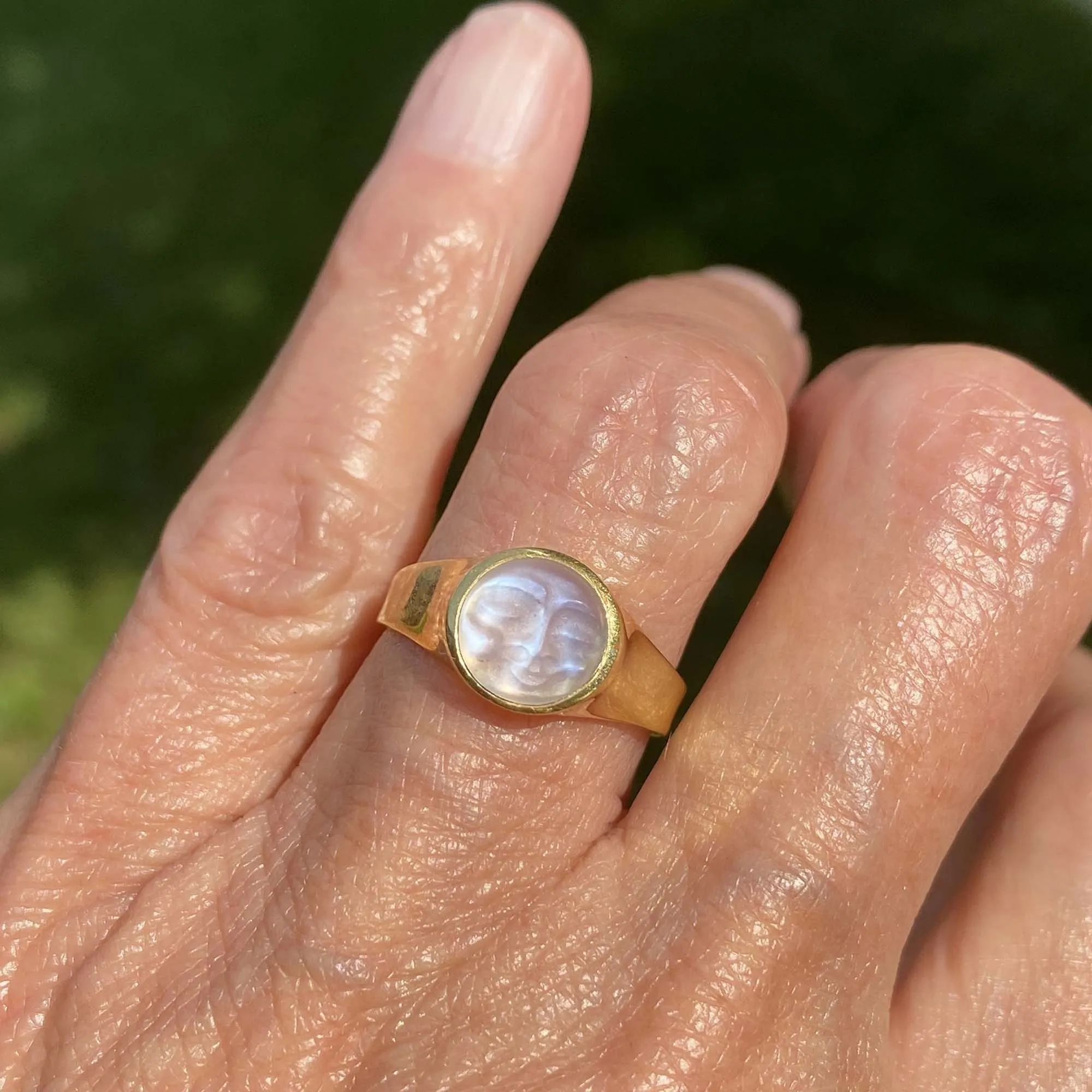 Ed Spencer Carved Man in the Moon Moonstone Ring in 18K Gold