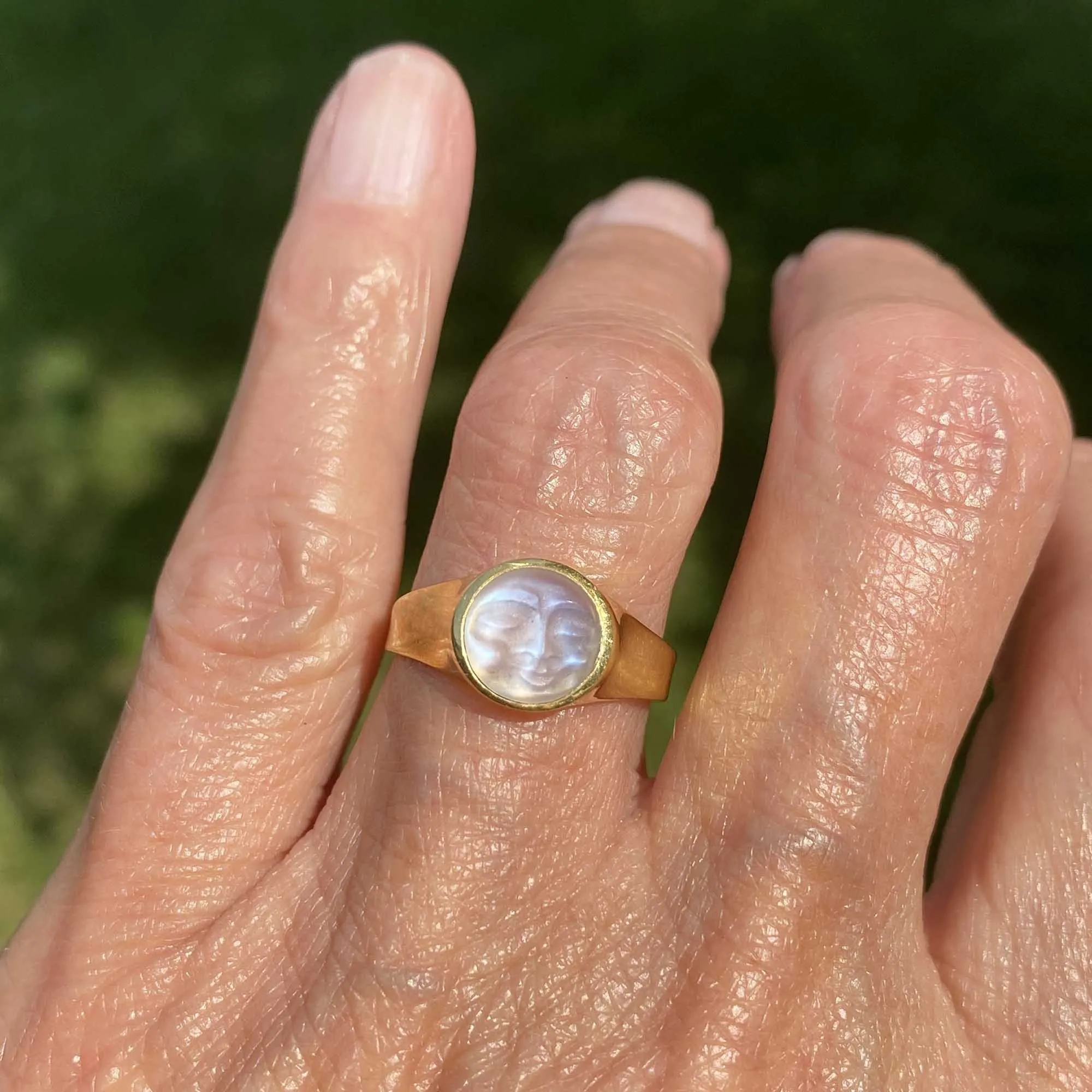 Ed Spencer Carved Man in the Moon Moonstone Ring in 18K Gold