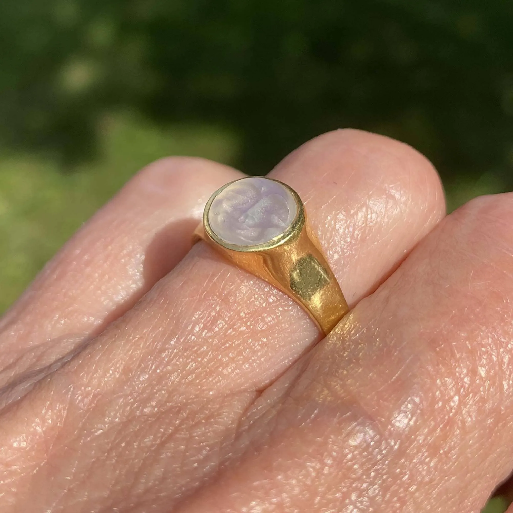 Ed Spencer Carved Man in the Moon Moonstone Ring in 18K Gold