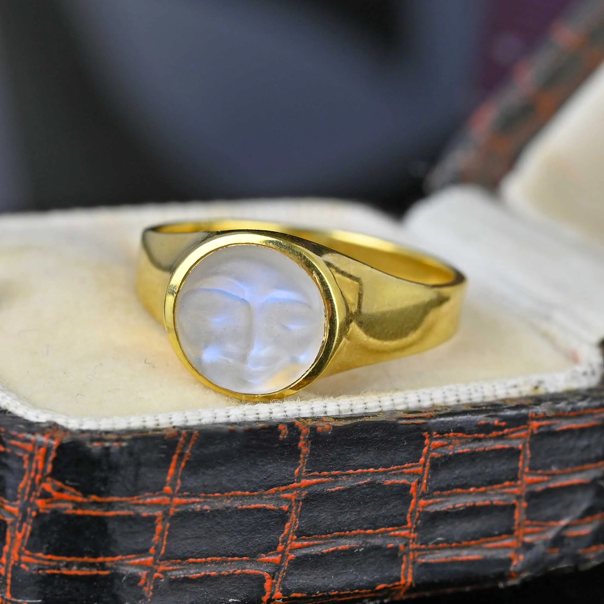 Ed Spencer Carved Man in the Moon Moonstone Ring in 18K Gold