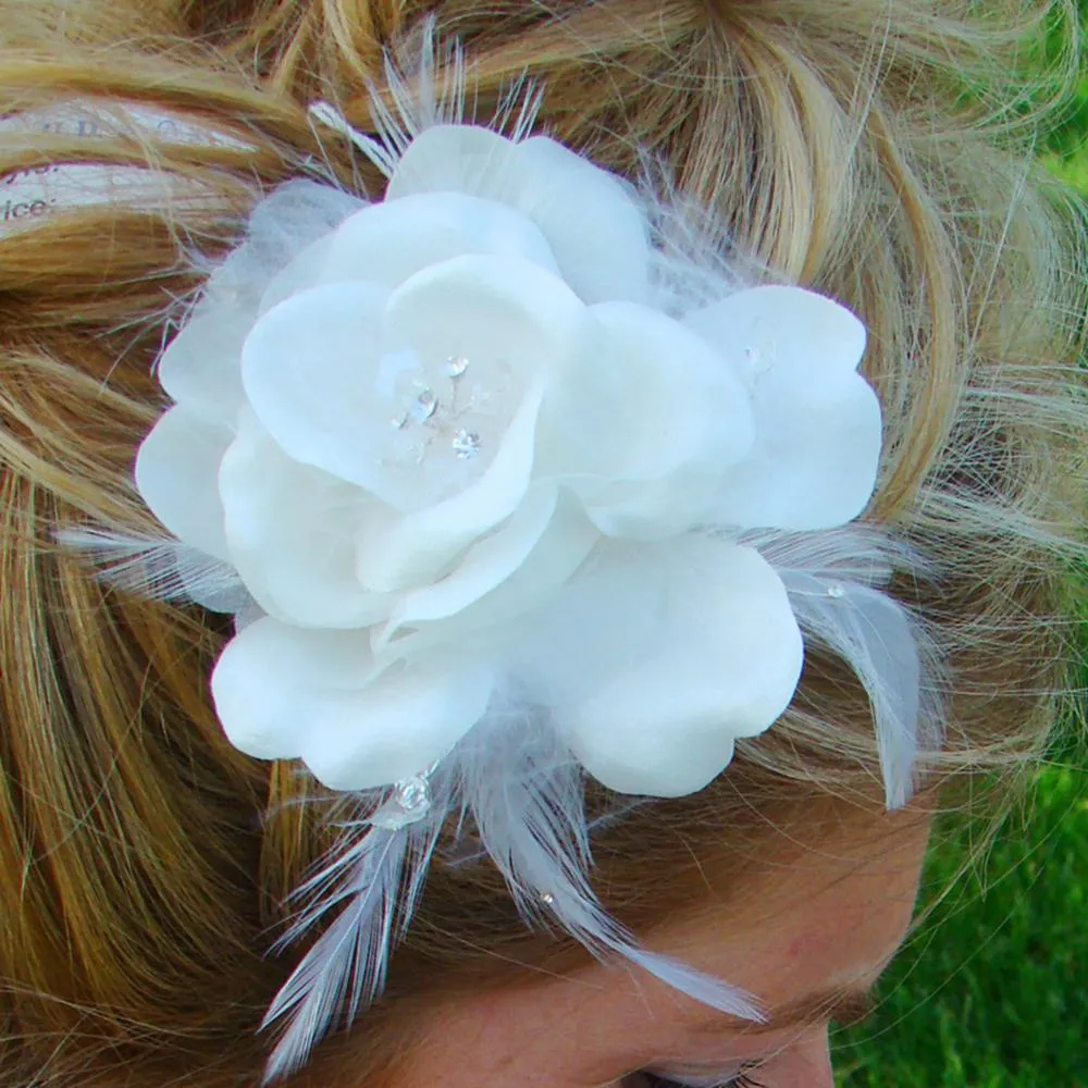 Elegant Bridal Silk & Crystal flower Rose with Feather Accents