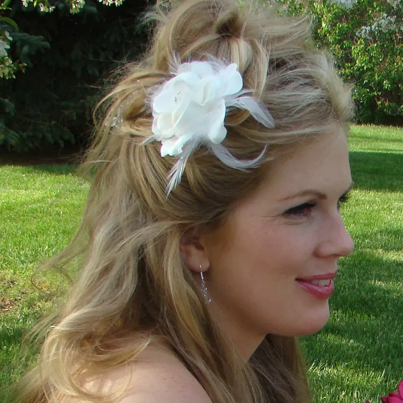 Elegant Bridal Silk & Crystal flower Rose with Feather Accents