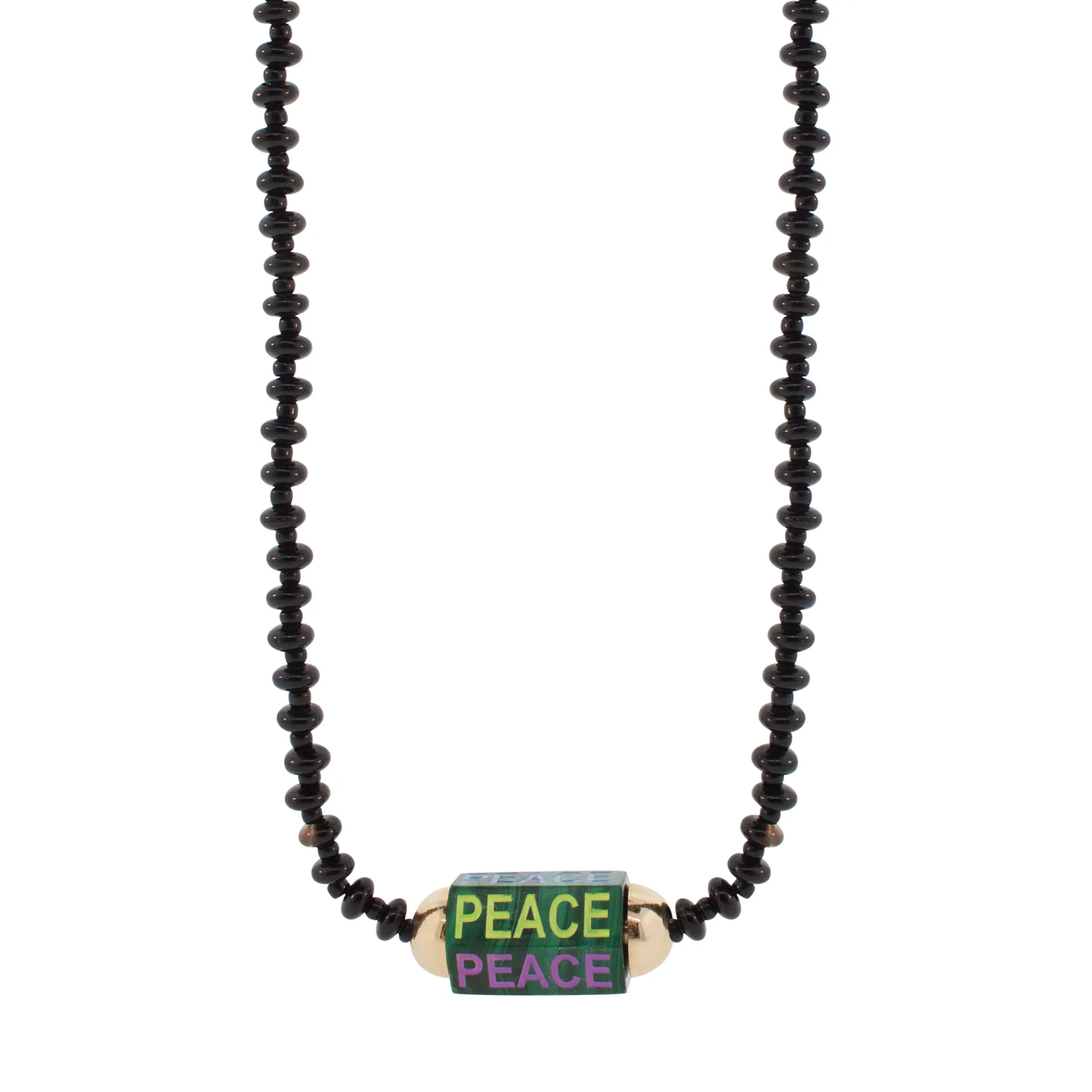 Enameled "Peace" Malachite Hexagon Beaded Necklace