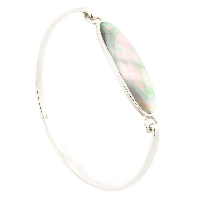 Engraved Sterling Silver Oval Abalone Stone Bangle