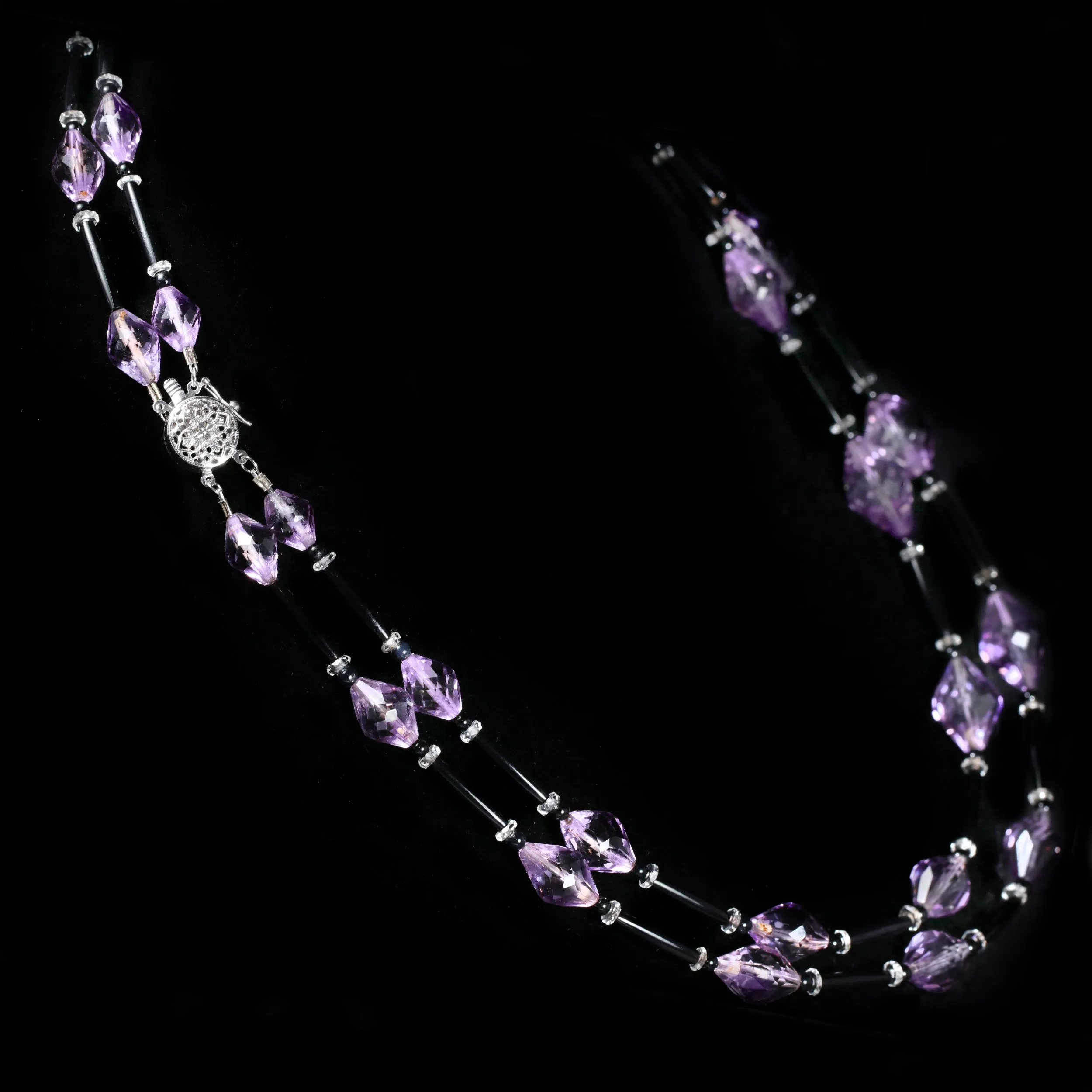 Estate 14K White Gold Amethyst, Onyx, and Quartz Necklace