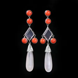 Estate Platinum, Diamond, Coral, and Rose Quartz Dangle Earrings