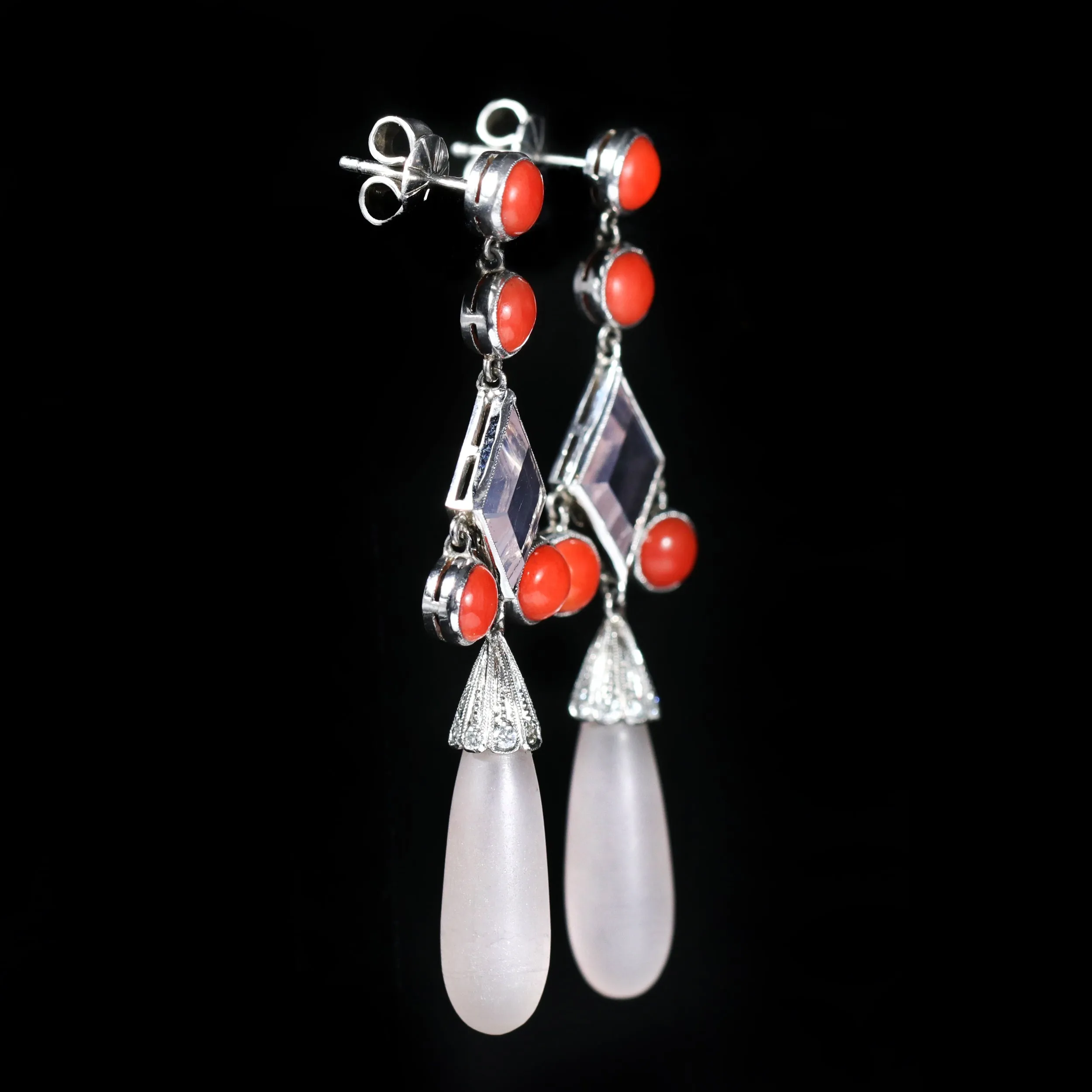 Estate Platinum, Diamond, Coral, and Rose Quartz Dangle Earrings