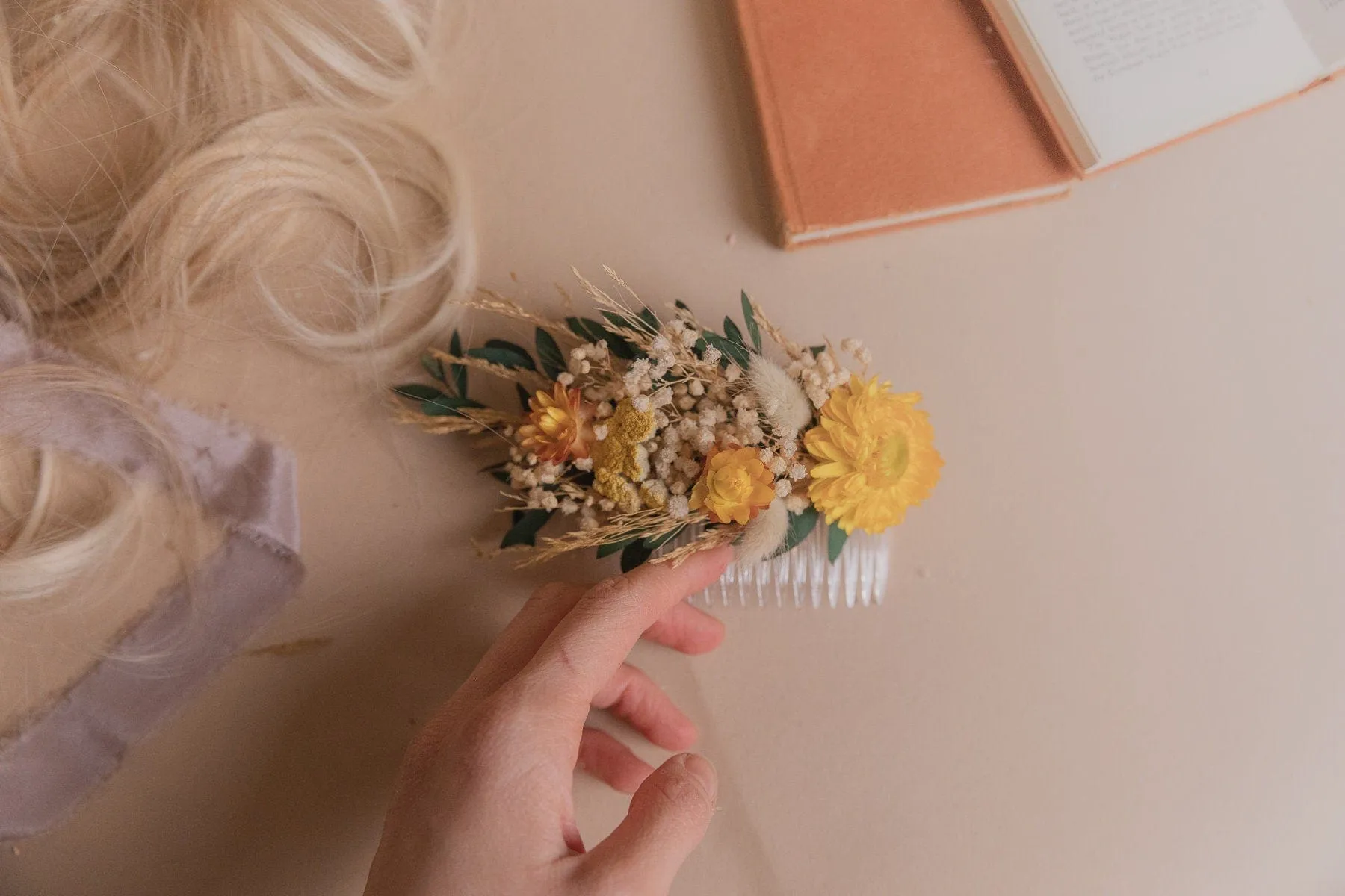 Eucalyptus & Yellow Straw Flowers Hair Comb / Bridal Boho Wedding Comb