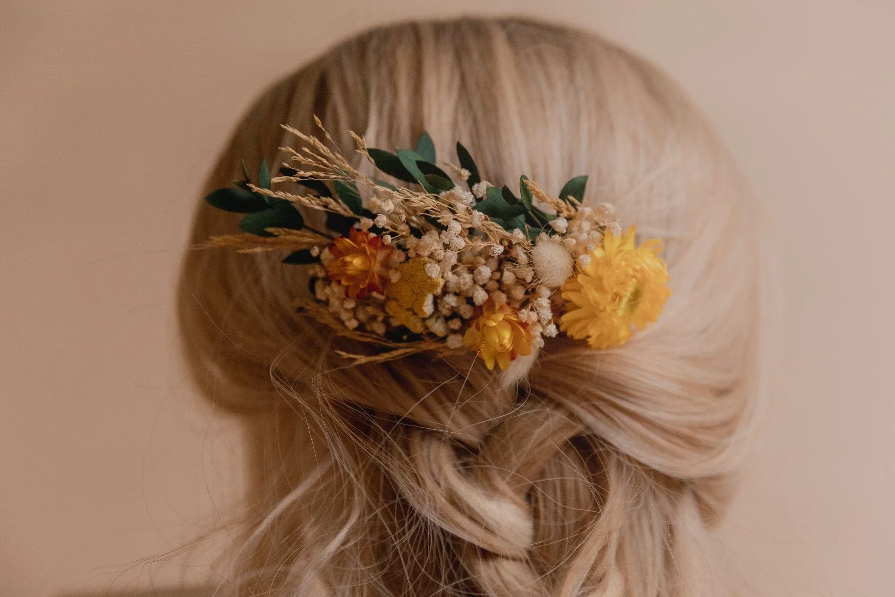 Eucalyptus & Yellow Straw Flowers Hair Comb / Bridal Boho Wedding Comb