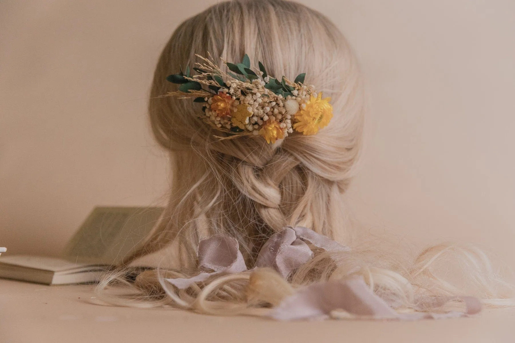 Eucalyptus & Yellow Straw Flowers Hair Comb / Bridal Boho Wedding Comb