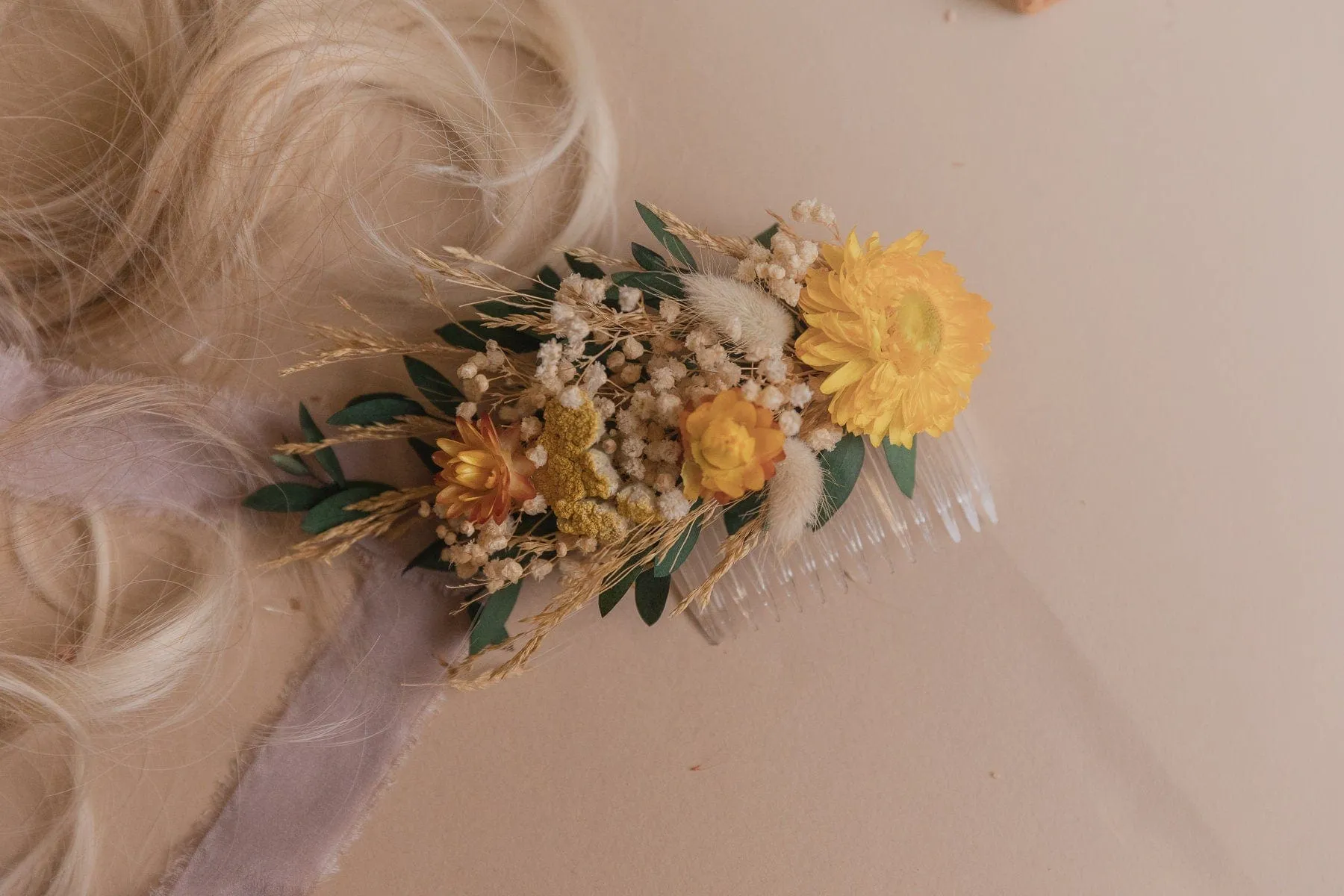 Eucalyptus & Yellow Straw Flowers Hair Comb / Bridal Boho Wedding Comb