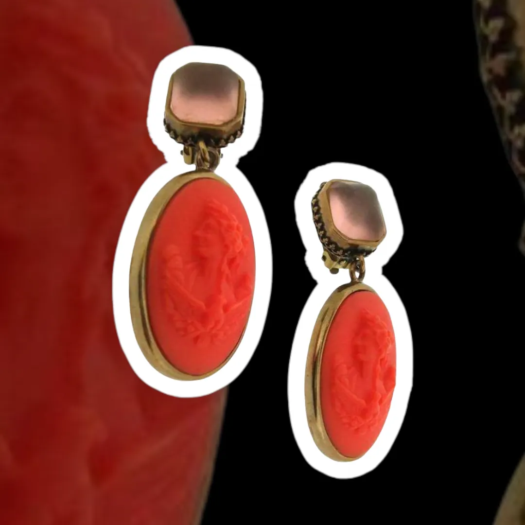 Extasia Cameo Earrings Coral German Glass Bronze Pink Swarovski Crystal Clip On