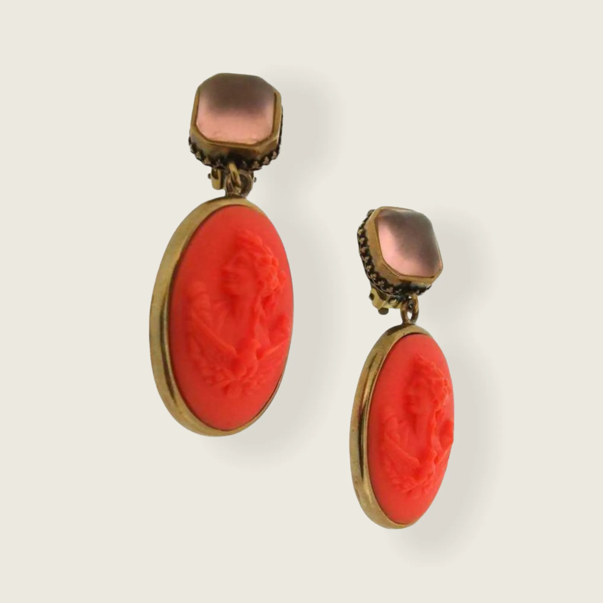 Extasia Cameo Earrings Coral German Glass Bronze Pink Swarovski Crystal Clip On