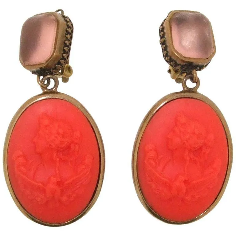 Extasia Cameo Earrings Coral German Glass Bronze Pink Swarovski Crystal Clip On