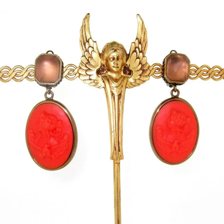 Extasia Cameo Earrings Coral German Glass Bronze Pink Swarovski Crystal Clip On