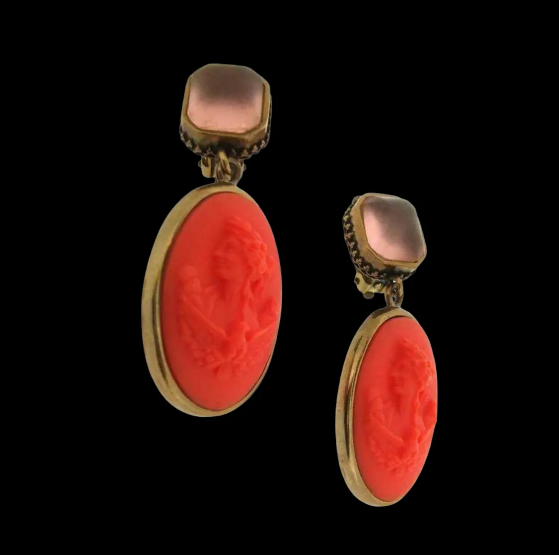 Extasia Cameo Earrings Coral German Glass Bronze Pink Swarovski Crystal Clip On