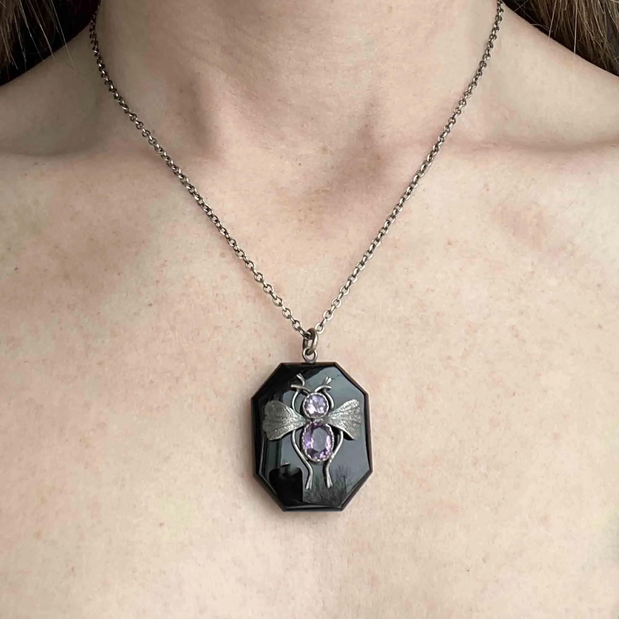 French Jet Silver Amethyst Bug Locket Necklace