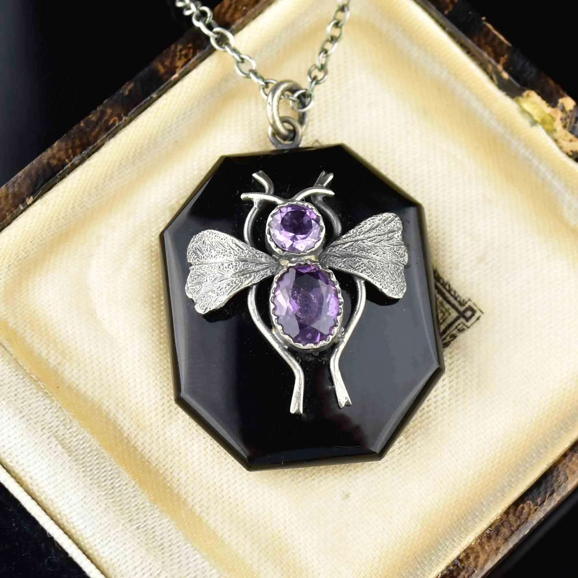 French Jet Silver Amethyst Bug Locket Necklace