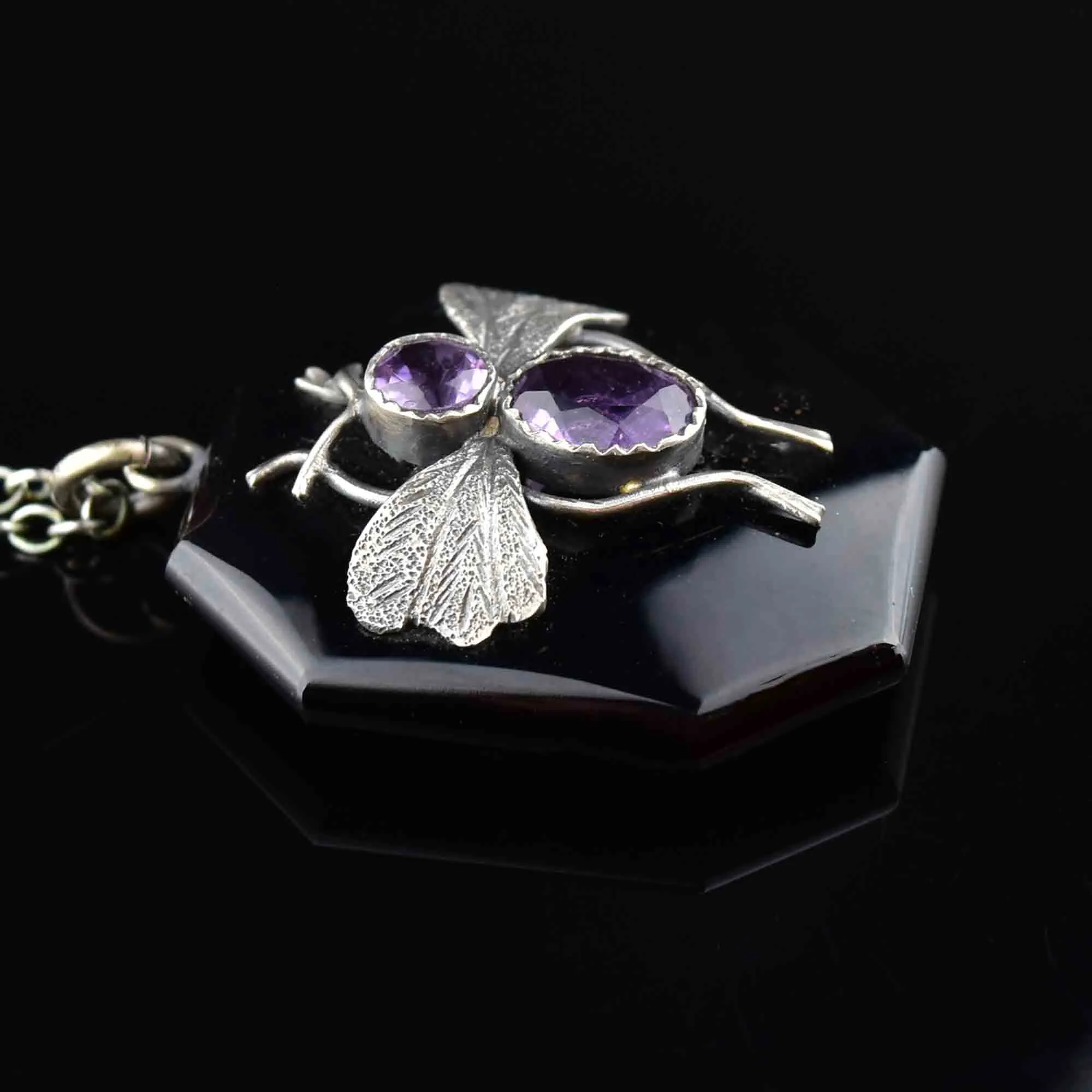 French Jet Silver Amethyst Bug Locket Necklace