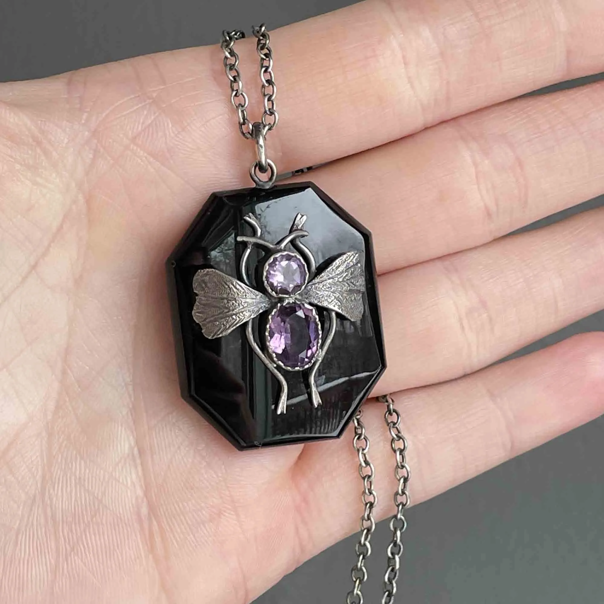 French Jet Silver Amethyst Bug Locket Necklace