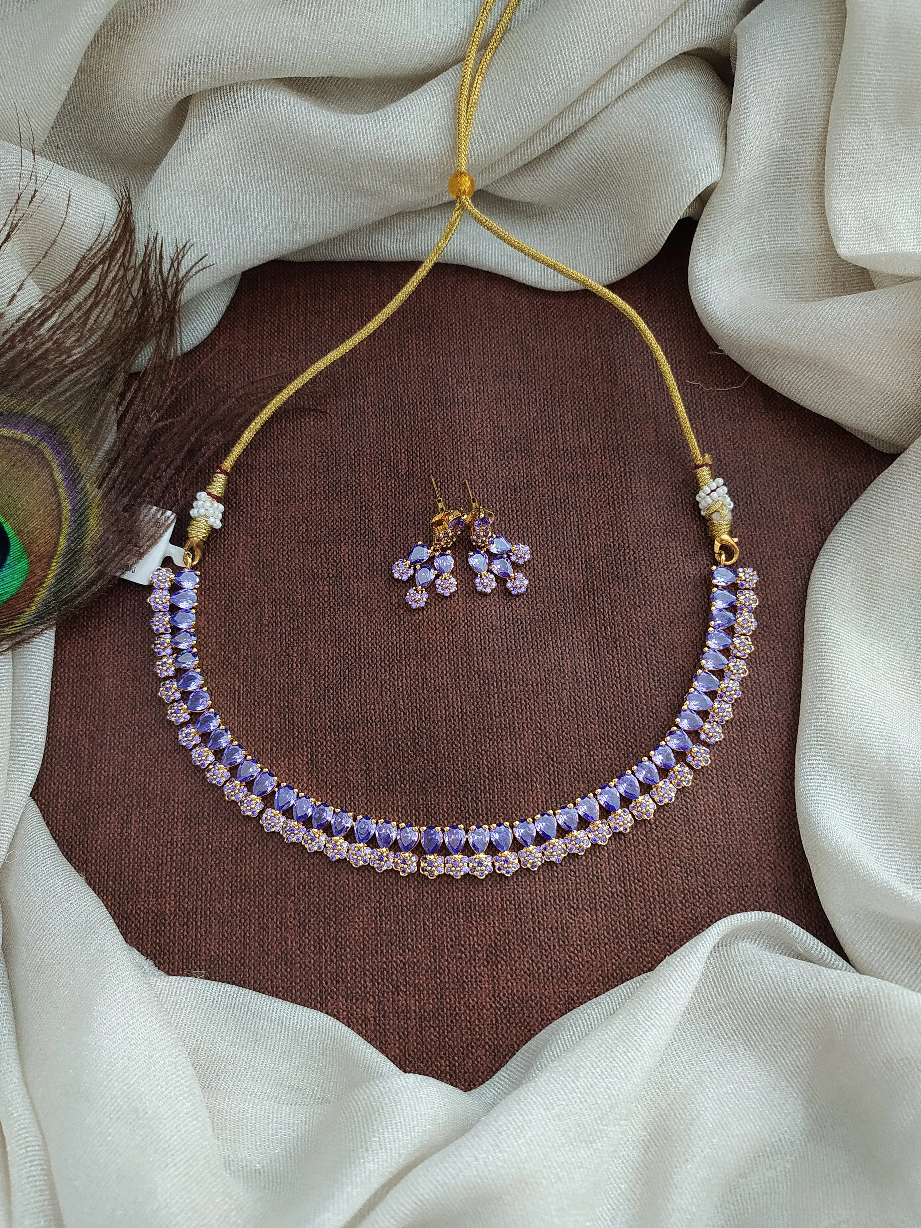 Gold-Plated Zircon Necklace Set with Cute Earrings - Available in 10 Charming Colors