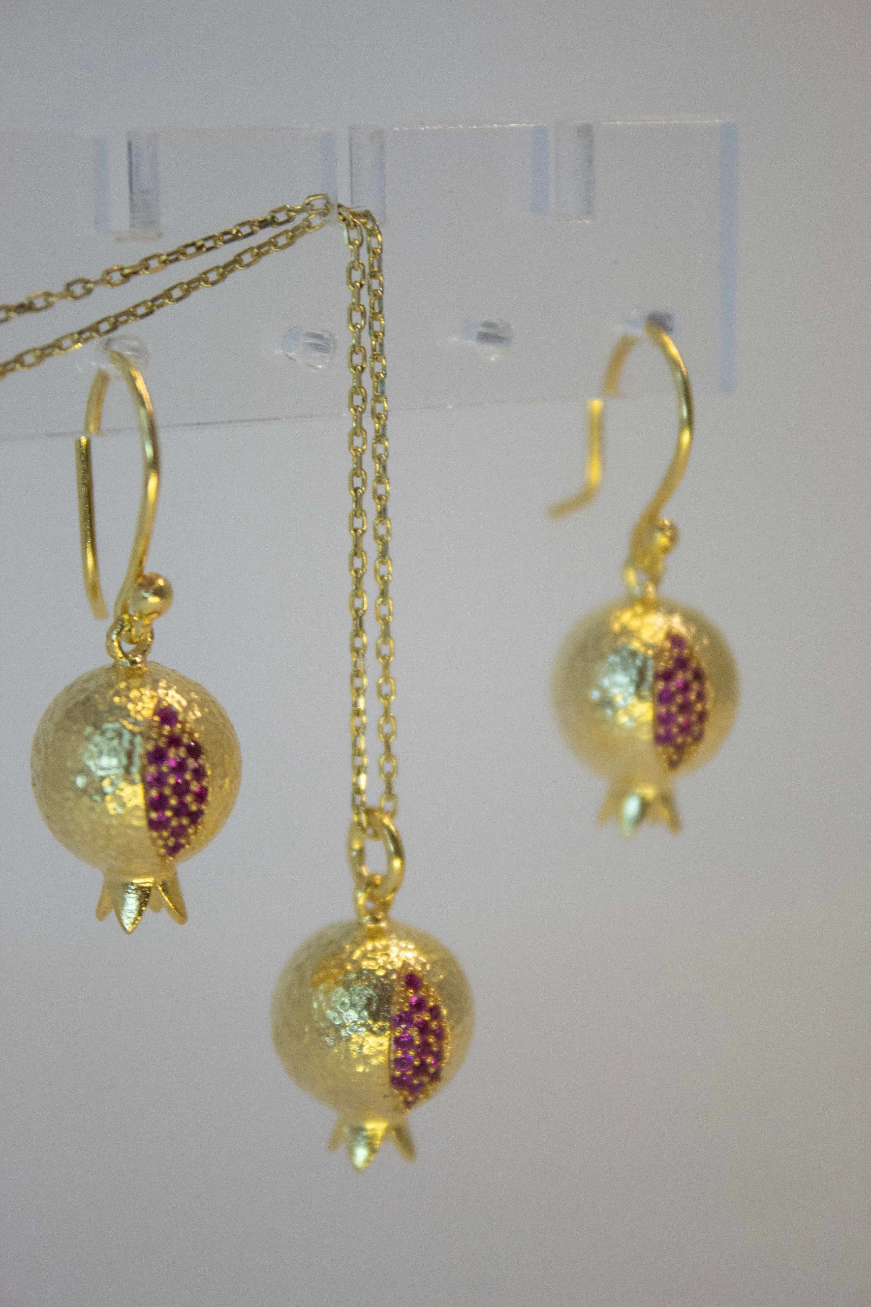 Gold Pomegranate with Ruby Cluster Drop Earrings