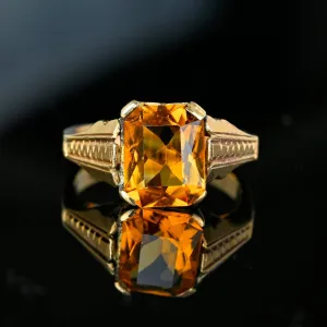 Gold Zig Zag Rectangle Cushion Cut Citrine Signet Ring