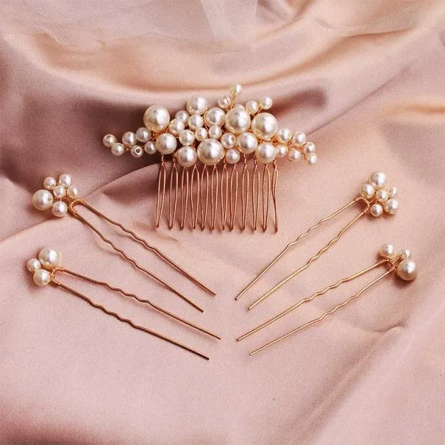 Handmade 5 Piece Set Pearls Wedding Hair Comb Bridal Hair Pins  Hair Jewelry Accessories