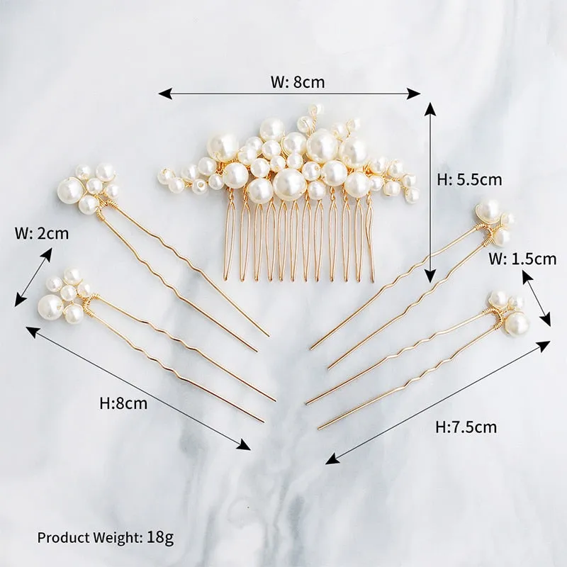 Handmade 5 Piece Set Pearls Wedding Hair Comb Bridal Hair Pins  Hair Jewelry Accessories