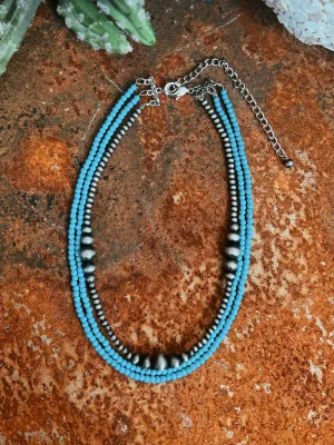 Handmade Triple Strand Navajo and Turquoise Bead Necklace