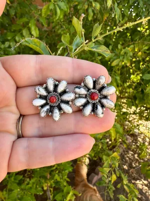 Handmade White Buffalo, Coral & Sterling Silver Cluster Earrings Signed Nizhoni