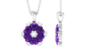 Heart Shape Amethyst and Diamond Flower Pendant