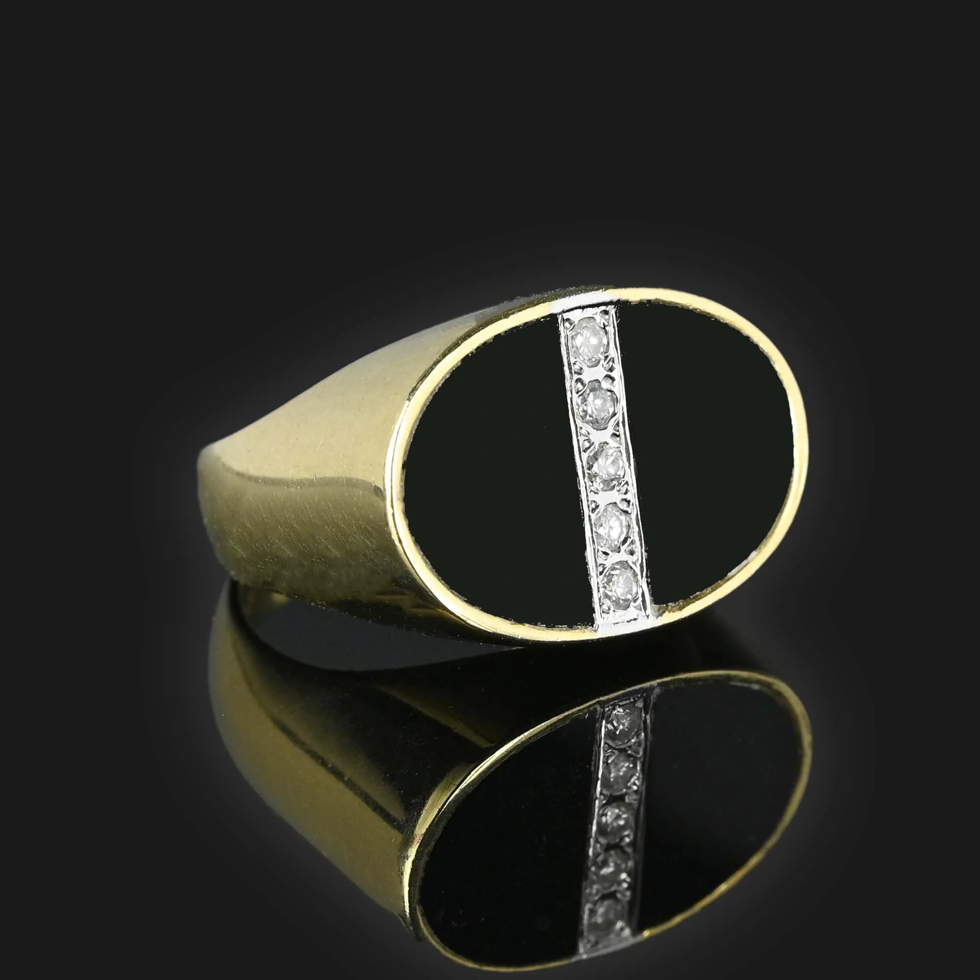 Heavy 14K Gold Oval Onyx Diamond Ring, Signet Style