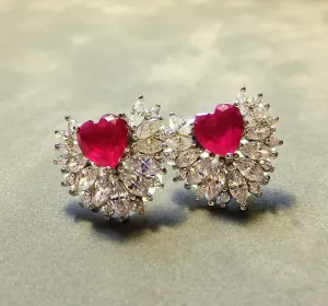 Indian Ruby and White Topaz Heart Stud Earrings