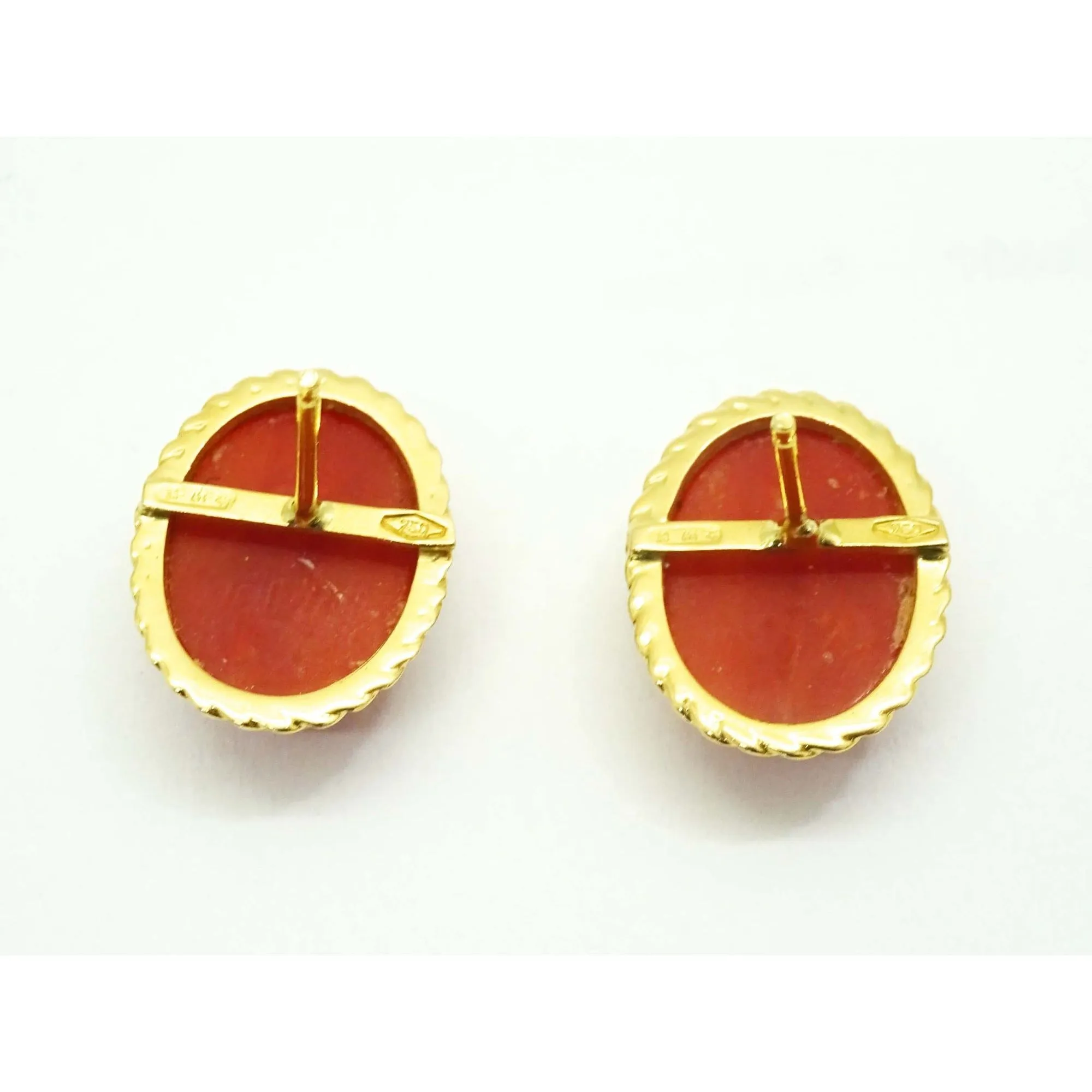 Italian Oxblood Red Natural Coral Oval Cabochon Stud Earrings 18k Gold