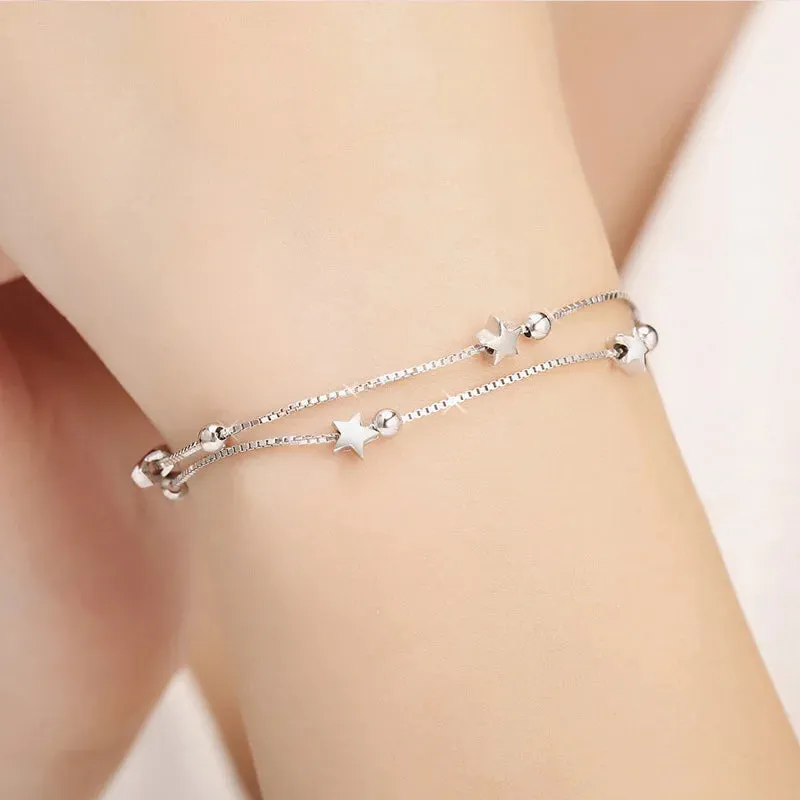 JC - Silver Star Charm Bracelet: 925 sterling, perfect for women’s weddings and holiday gifts