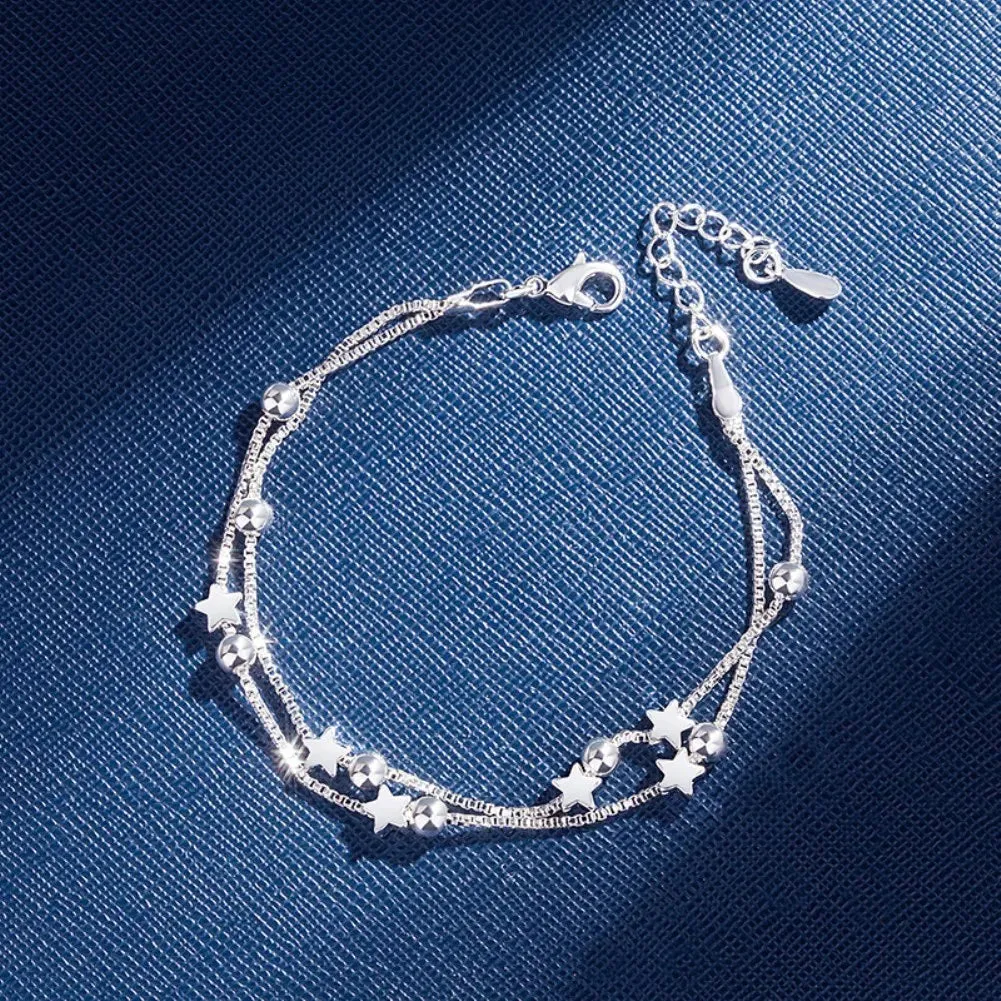 JC - Silver Star Charm Bracelet: 925 sterling, perfect for women’s weddings and holiday gifts