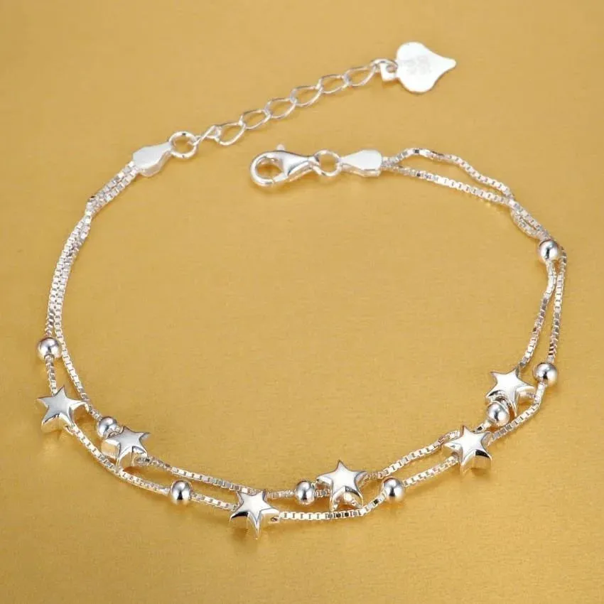 JC - Silver Star Charm Bracelet: 925 sterling, perfect for women’s weddings and holiday gifts