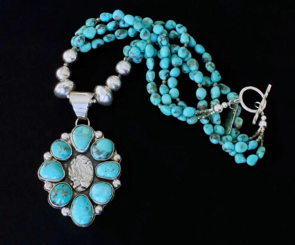 Kingman & Campitos Turquoise and Sterling Silver 8-Stone Pendant with 3 Strands of Arizona Turquoise Nuggets, Fire Polished Glass, and Handcrafted Sterling Silver Beads and Toggle Clasp