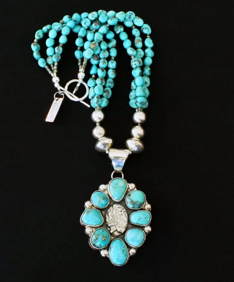 Kingman & Campitos Turquoise and Sterling Silver 8-Stone Pendant with 3 Strands of Arizona Turquoise Nuggets, Fire Polished Glass, and Handcrafted Sterling Silver Beads and Toggle Clasp