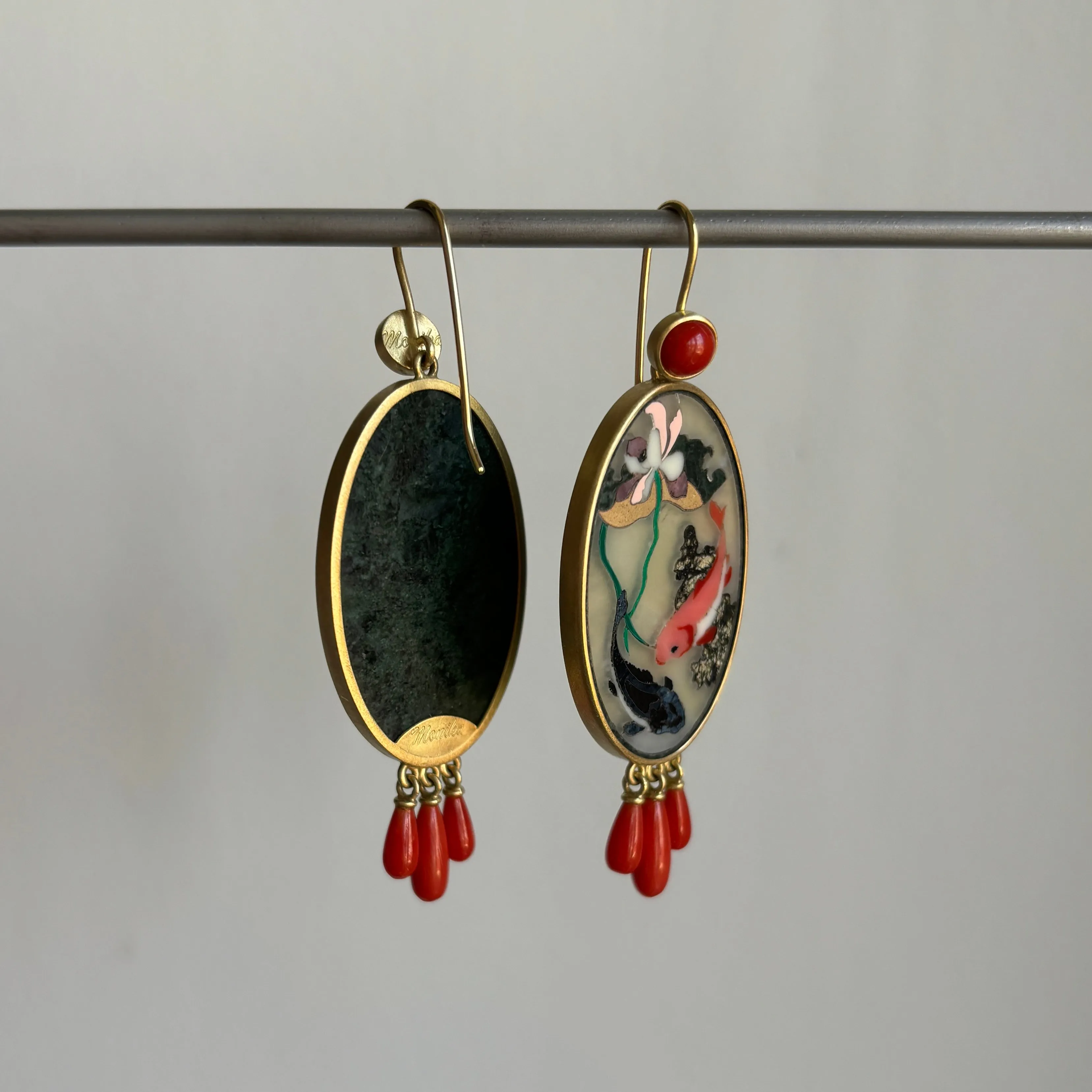 Koi Intarsia Earrings with Coral Accents