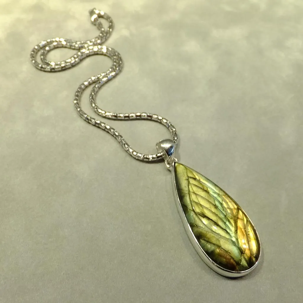 Labradorite Carved Gemstone Pendant Necklace In Sterling Silver