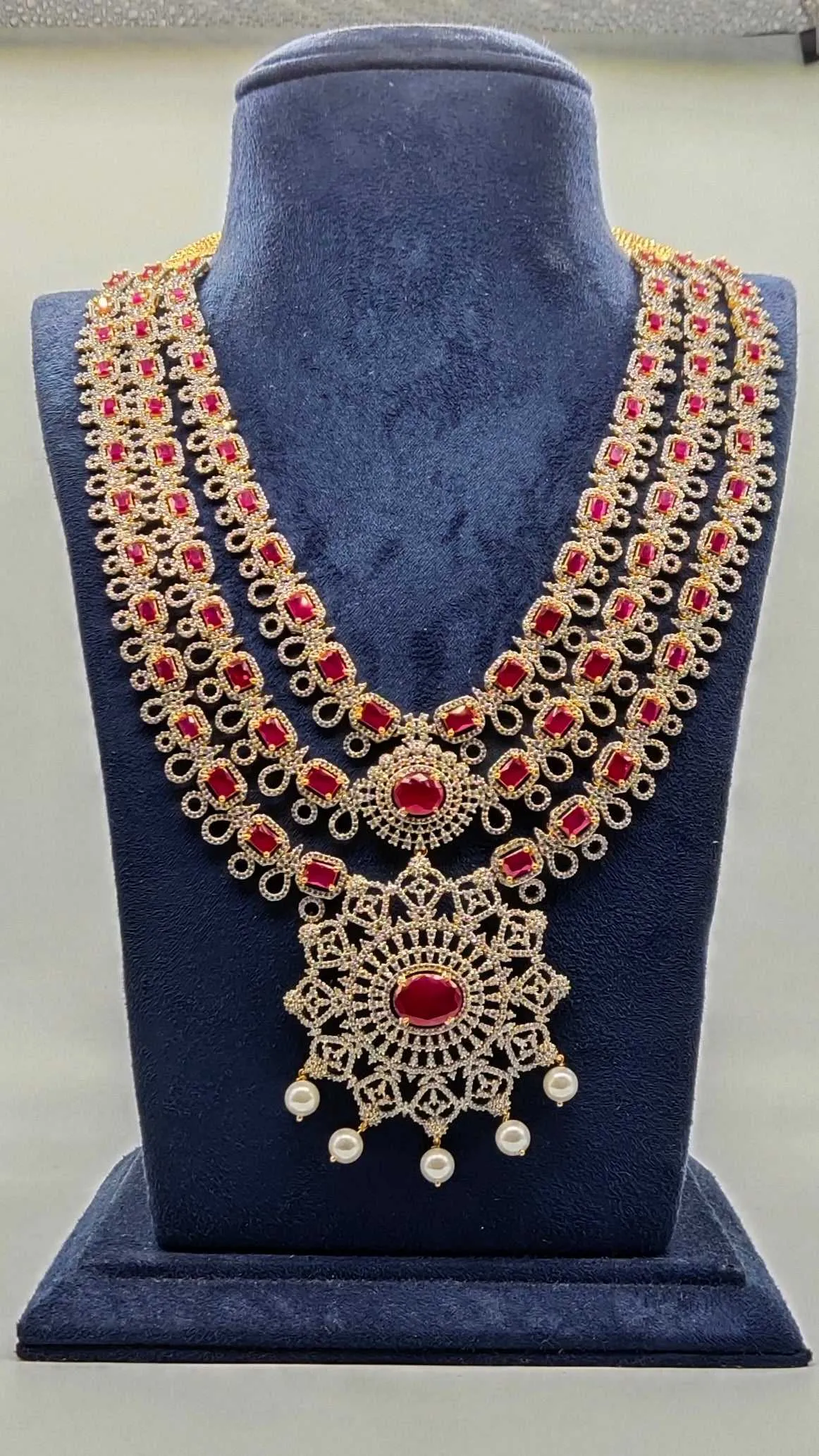 Layered American Diamond Pearls Necklace