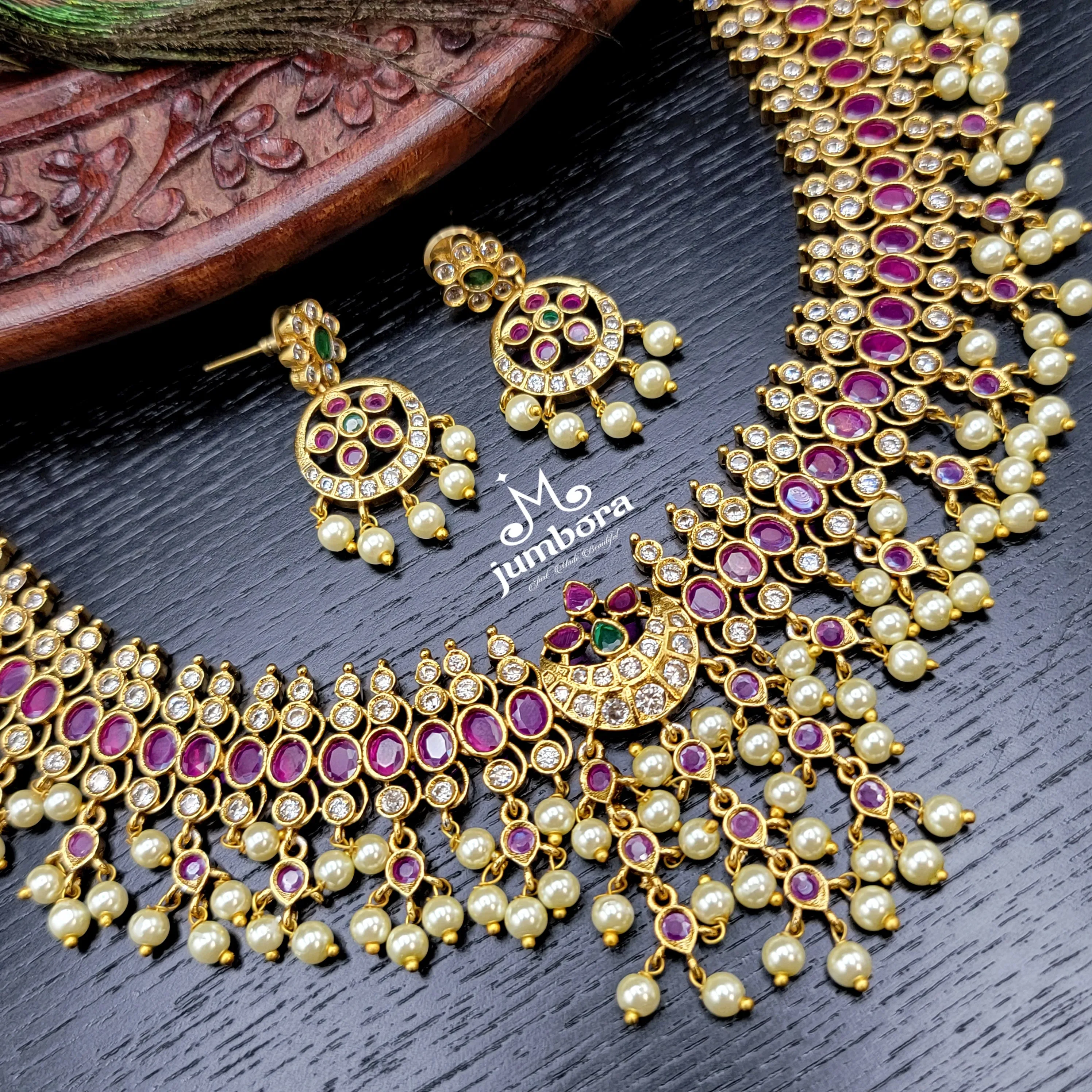 Matte Gold Red, White & Green AD Zircon Guttapusalu Necklace set