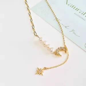 Moon and Star Pearl Necklace