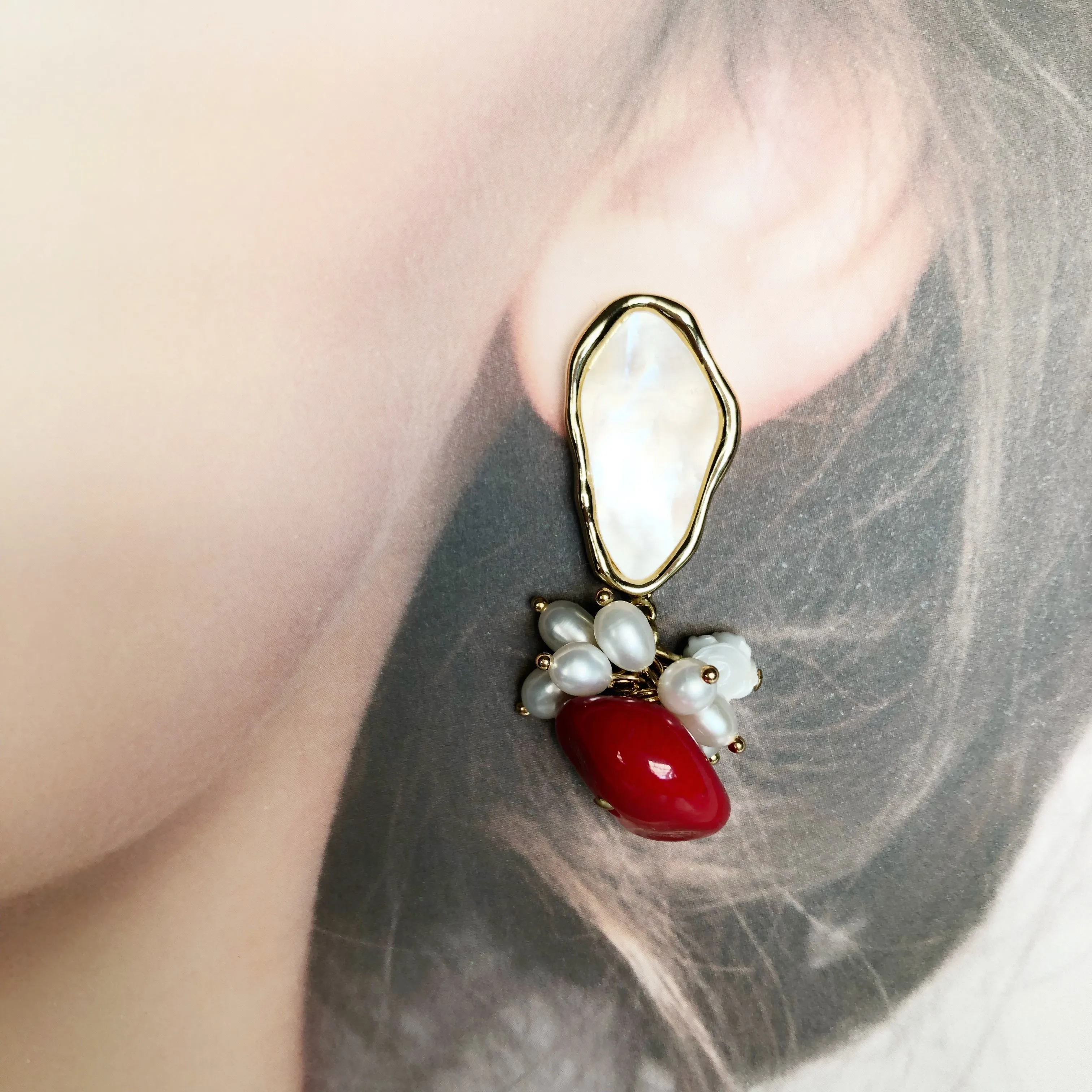 Mother Pearl and Red Coral Cluster Earrings Gold