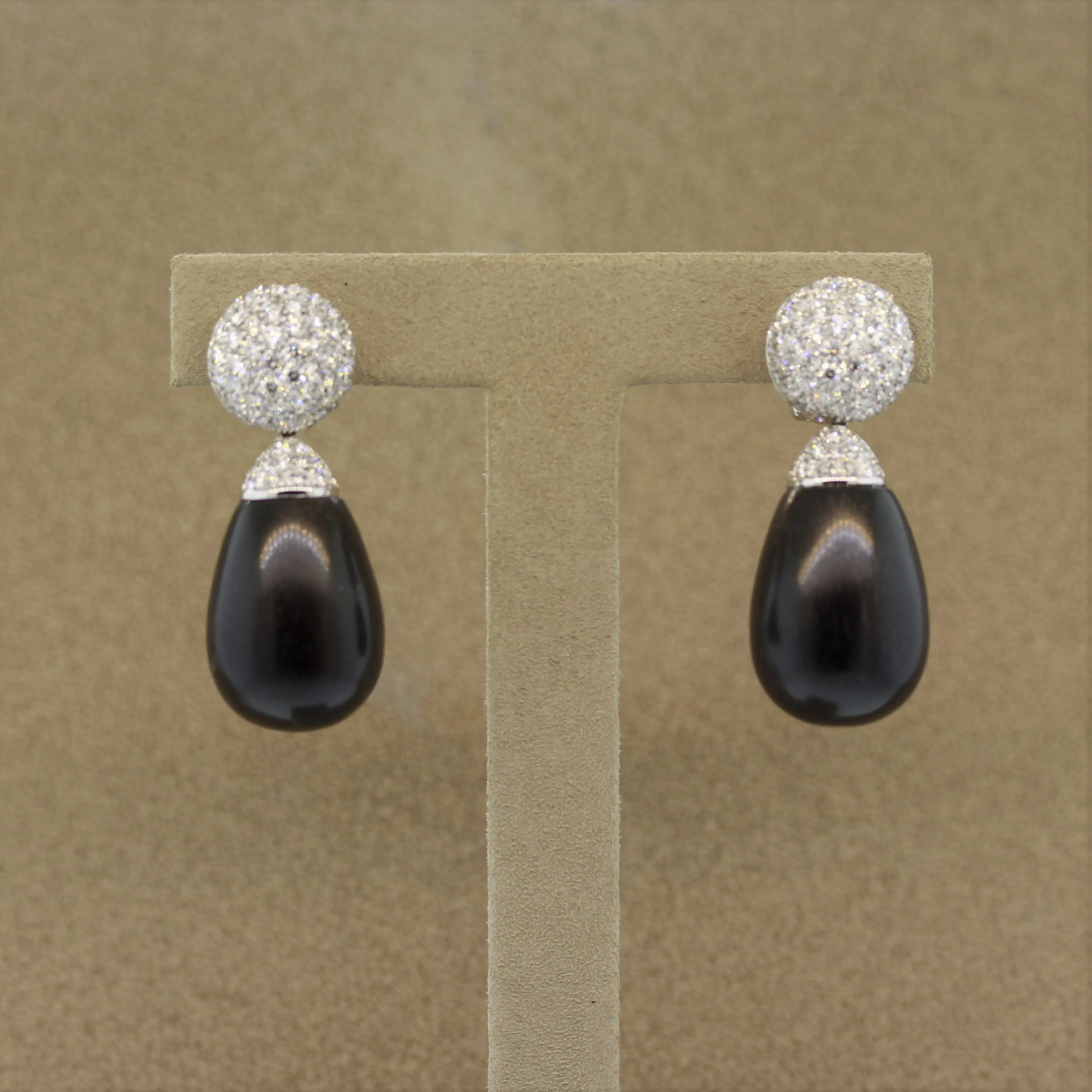 Natural Black Coral Diamond Gold Drop Earrings